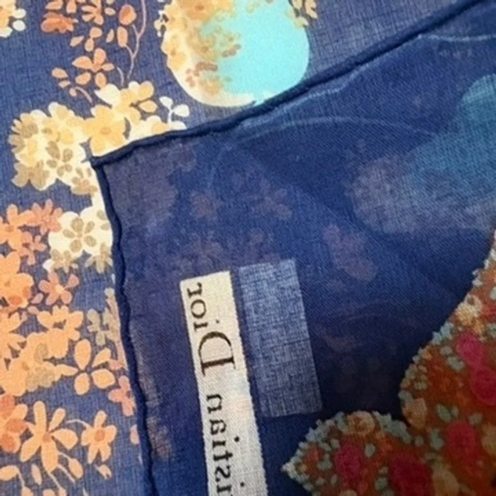 Vtg CHRISTIAN DIOR Scarf Handkerchief Butterfly Floral Cotton Navy Blue 17.5